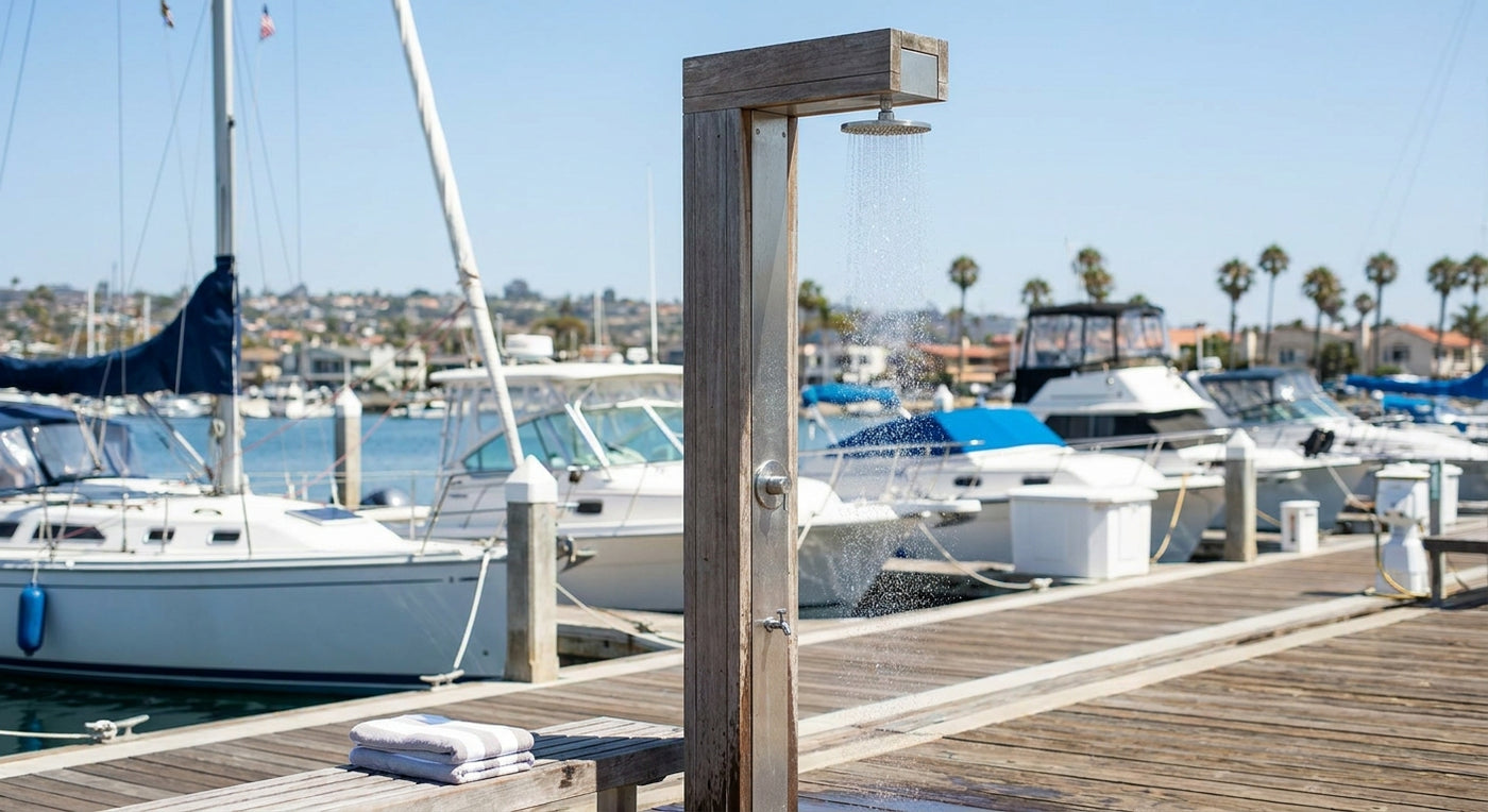 Outdoor shower for marinas and boat docks
