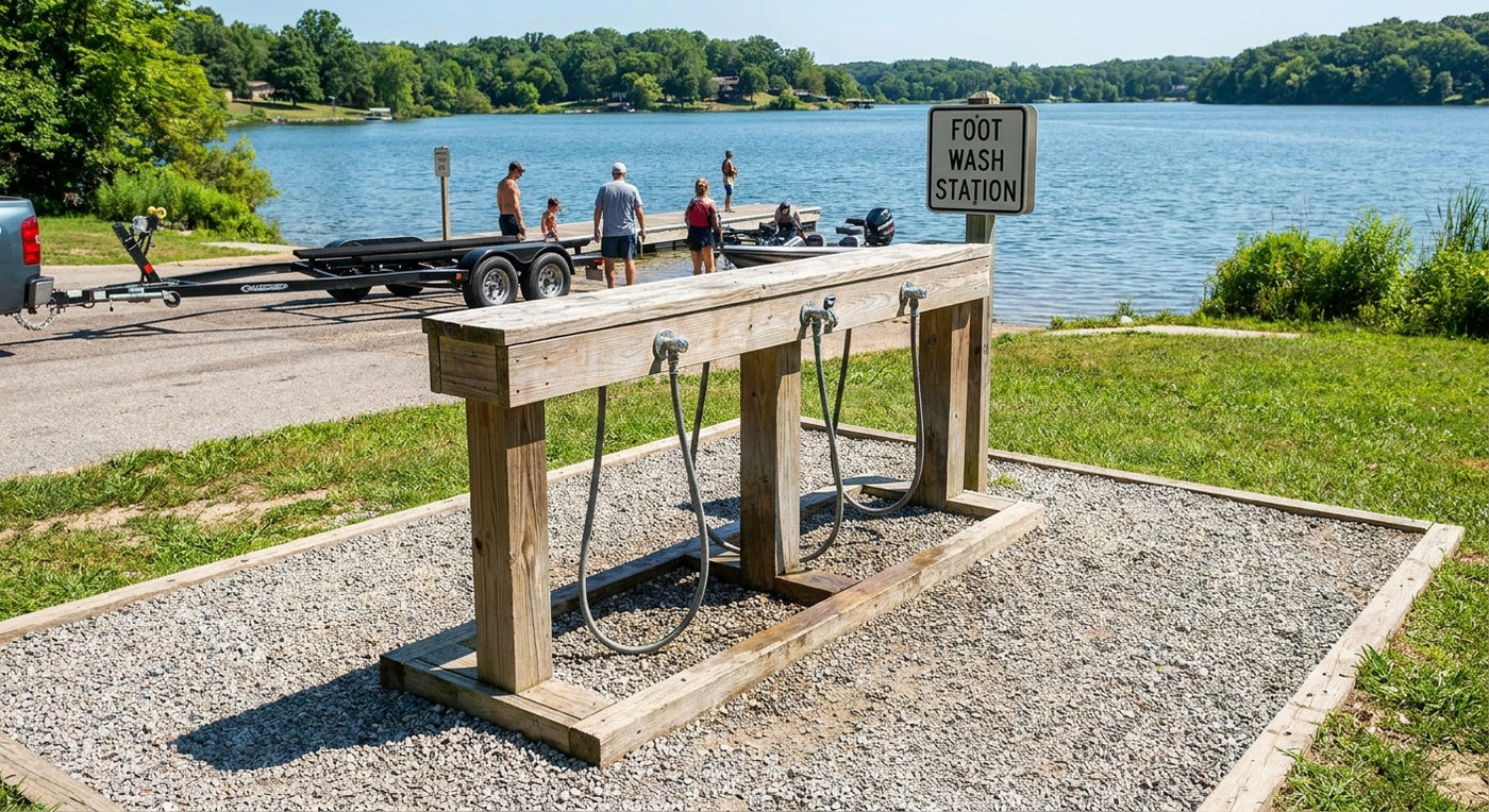 Foot wash station for public boat launches