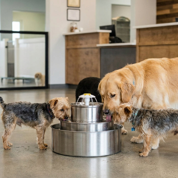 Pet water fountain for dog boarding and grooming facilities