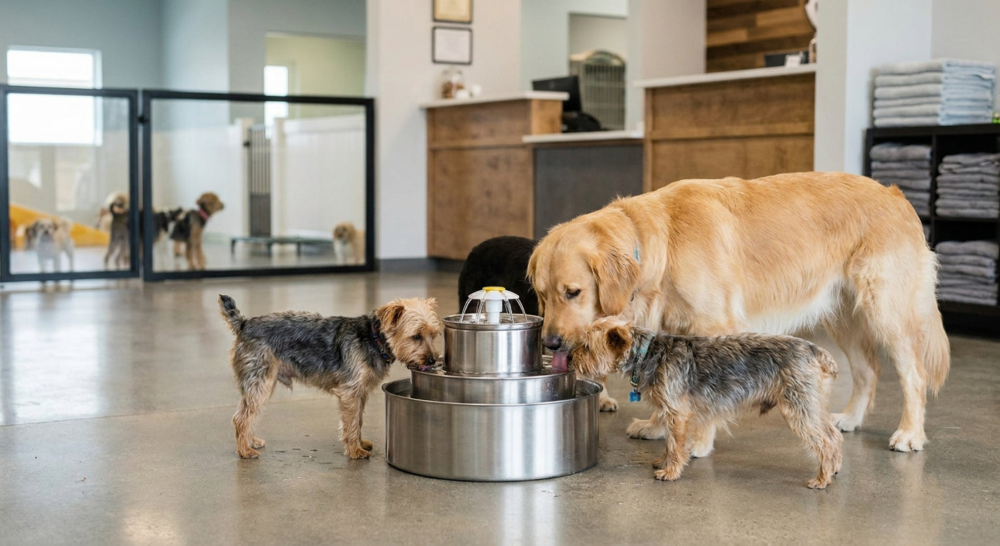 Pet water fountain for dog boarding and grooming facilities