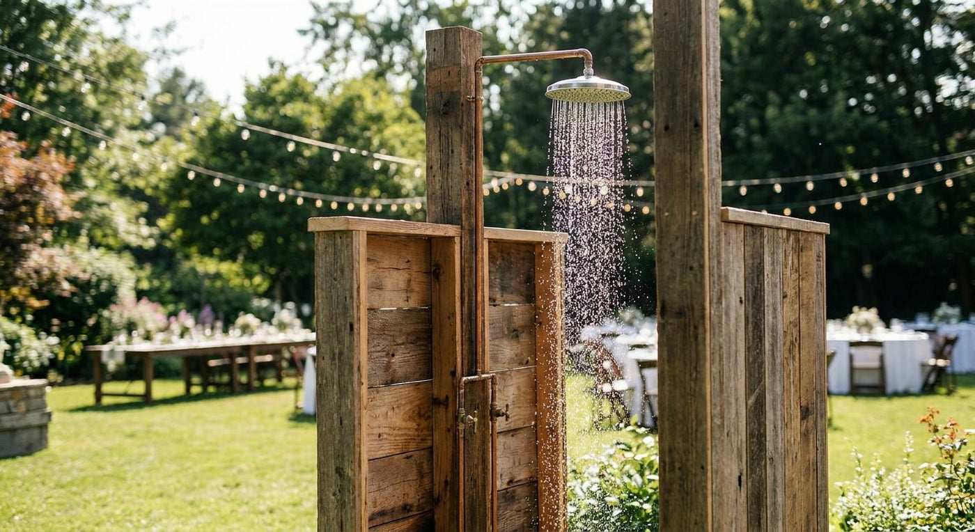 Outdoor shower for wedding venues and event lawns
