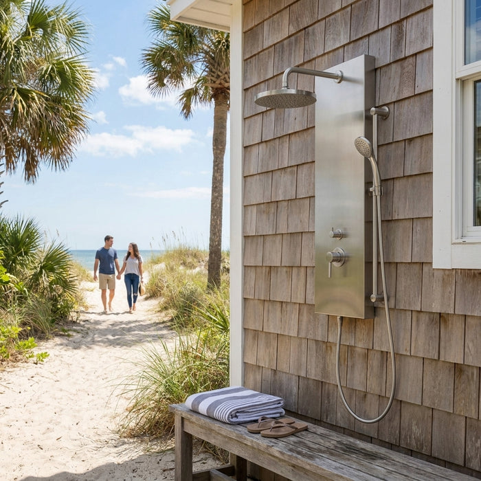Wall-mounted outdoor shower for beach houses