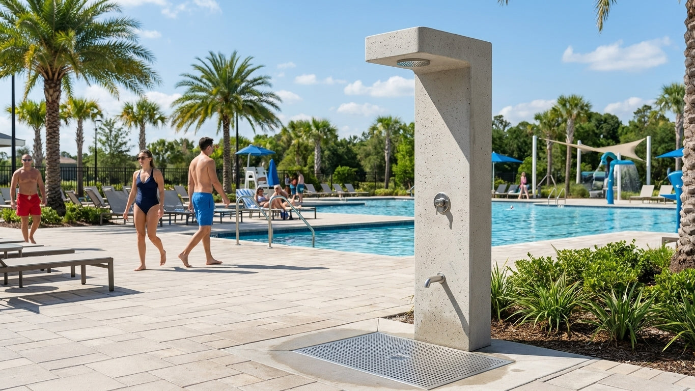 Concrete outdoor foot shower for aquatic centers