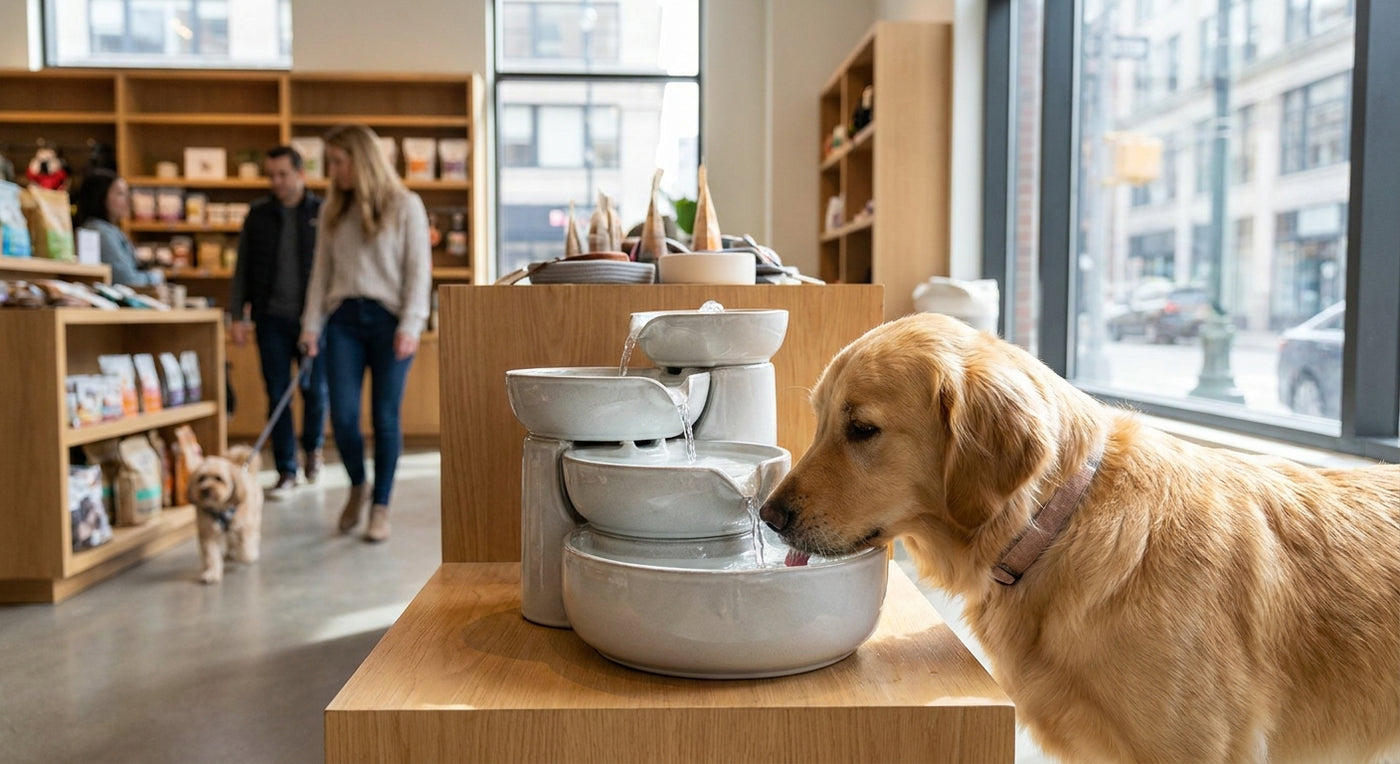 Pet water fountain for pet-friendly retail stores