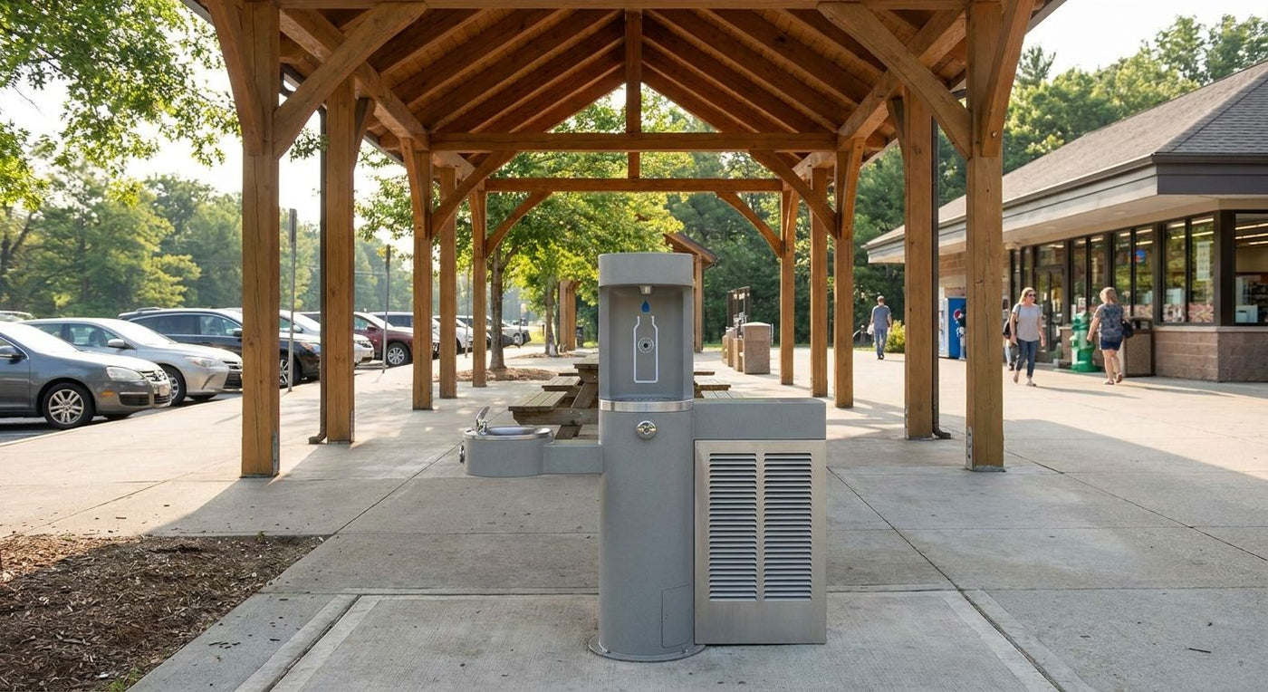 Drinking fountain for highway rest stops and travel plazas