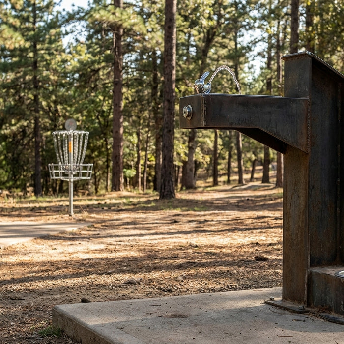 Outdoor drinking fountain for disc golf courses