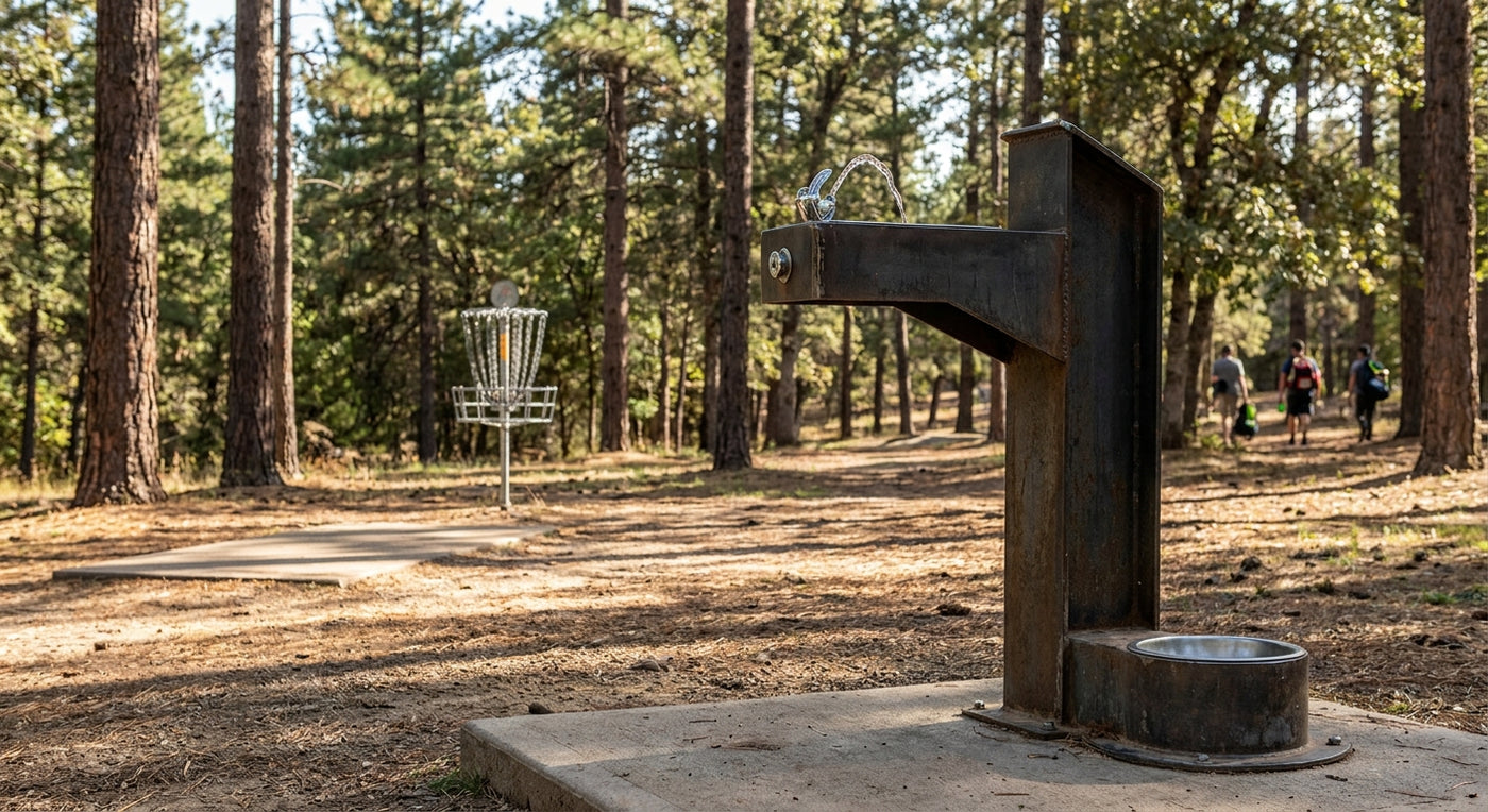 Outdoor drinking fountain for disc golf courses