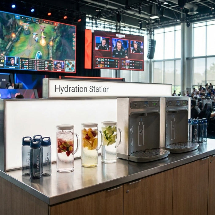 Hydration station for esports arenas and gaming centers