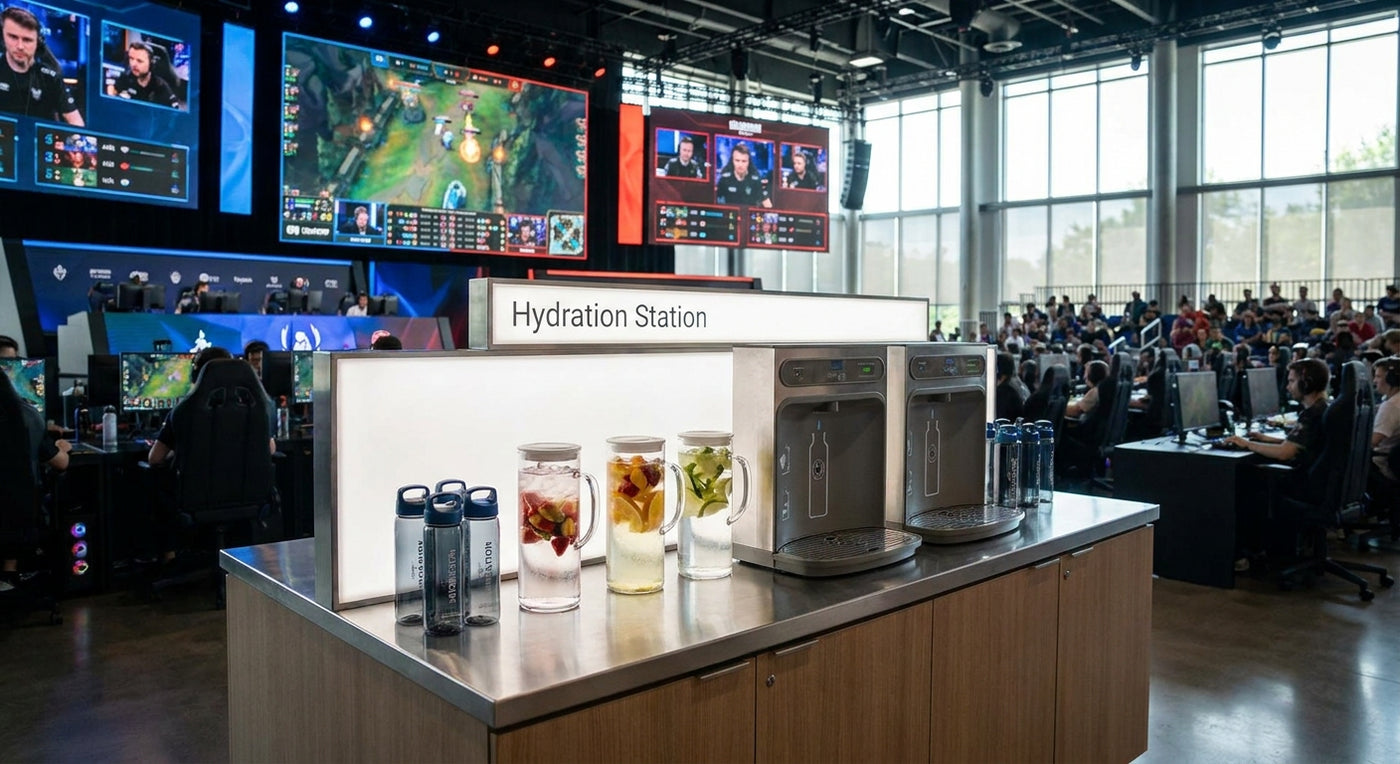 Hydration station for esports arenas and gaming centers