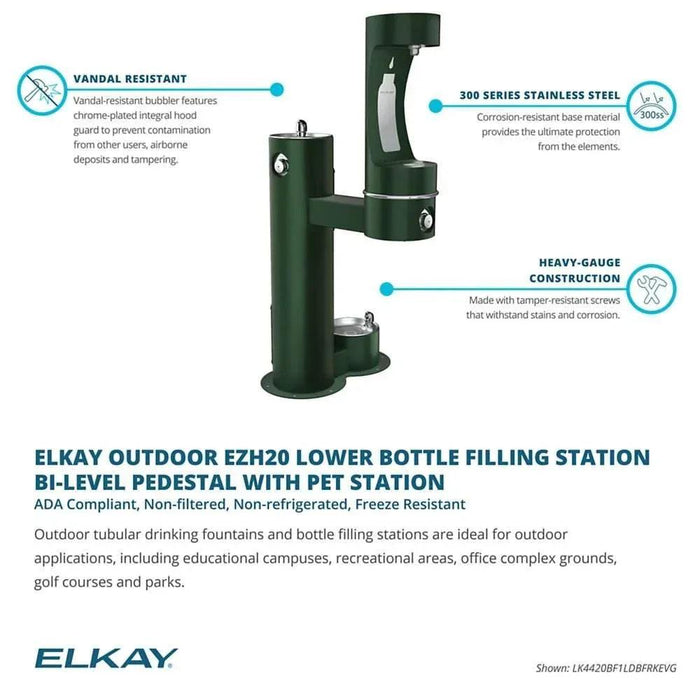 Elkay LK4420BF1LDBFRKEVG ezH2O® Bi-Level Pedestal Bottle Filling Station with Pet Fountain - Freeze-Resistant - The Fountain Direct