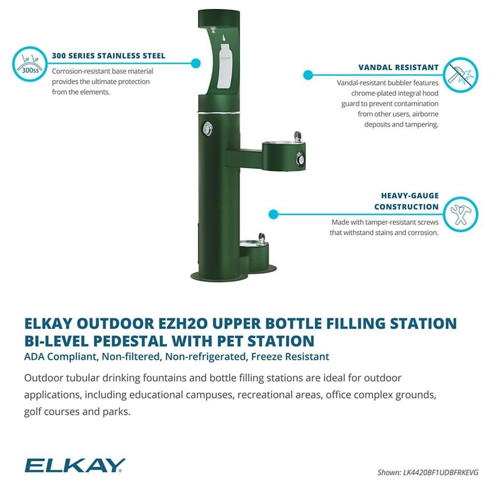 Elkay LK4420BF1UDBFRKEVG ezH2O® Bi-Level Pedestal Bottle Filling Station with Pet Fountain - Freeze-Resistant - The Fountain Direct 