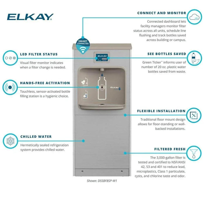 Elkay DSSBF8SP-W1 ezH2O® Enhanced Connected Floor Standing Bottle Filling Station with Filter,  Refrigerated - The Fountain Direct
