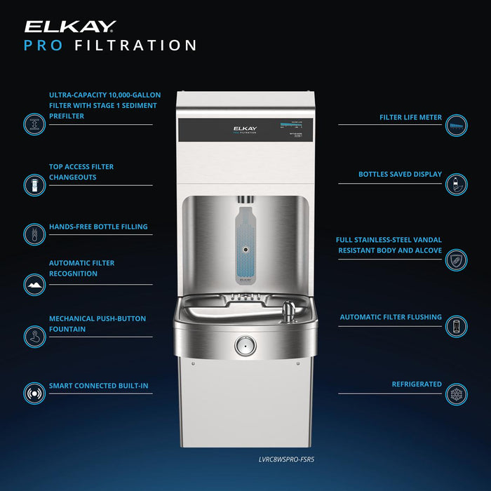 Elkay LVRC8WSPRO-FSR5 Pro Filtration™ Vandal-Resistant Bottle Filling Station & ADA Cooler – Refrigerated, Sediment Prefilter