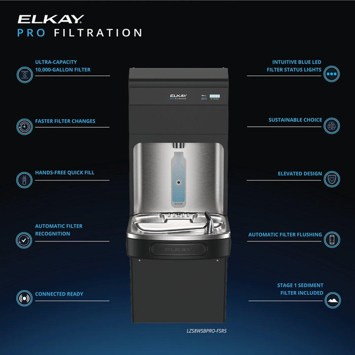 Elkay LZS8WSBPRO-FSR5 Pro Filtration™ Bottle Filling Station & ADA Cooler – Refrigerated, Filtered, Black Stainless, Sediment Prefilter - The Fountain Direct