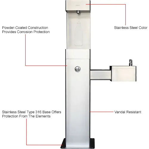 Global Industrial™ Outdoor Drinking Fountain & Bottle Filling Station with Filter – 316 Stainless Steel, Vandal-Resistant, ADA Compliant, 3,600-Gallon PFAS Filtration – 761216F