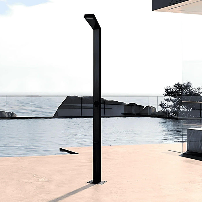 Magnus Black Freestanding Stainless Steel Outdoor Shower Panel with Foot Shower – Brushed Finish - The Fountain Direct