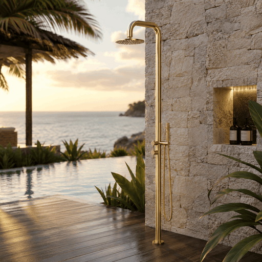 NW Showers Lamez Gold 316L Marine Grade Stainless Steel Outdoor Pool Shower with Hand Shower - The Fountain Direct