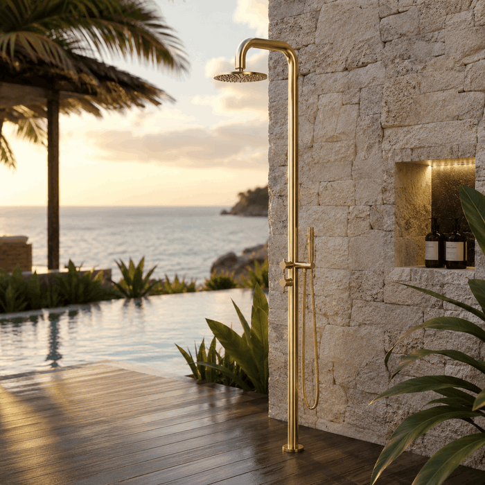 NW Showers Lamez Gold 316L Marine Grade Stainless Steel Outdoor Pool Shower with Hand Shower - The Fountain Direct