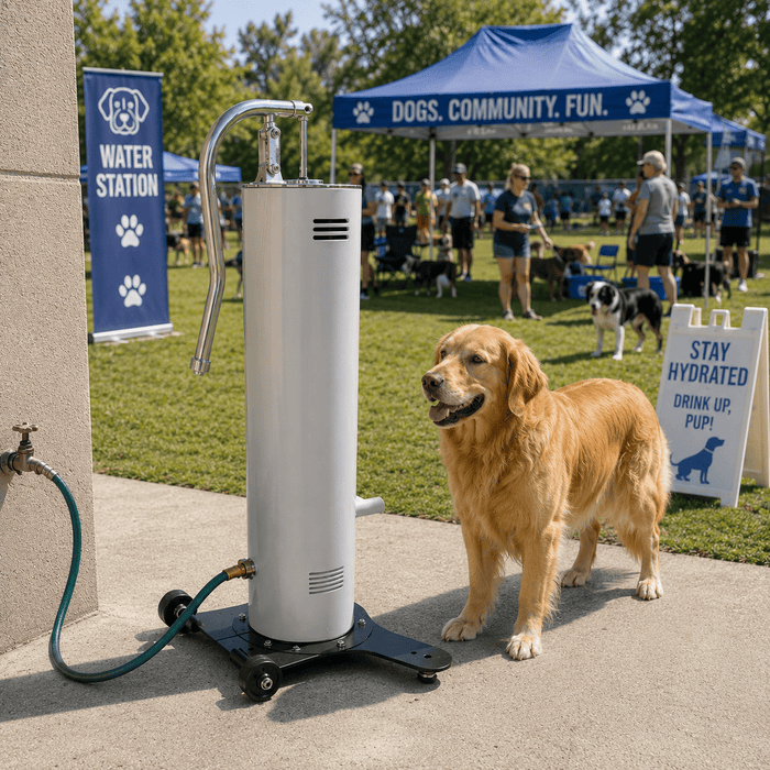 Cool Dog Portable Dog Park Water Fountain – Free-Standing Pet Fountain with Rollers, No Plumbing