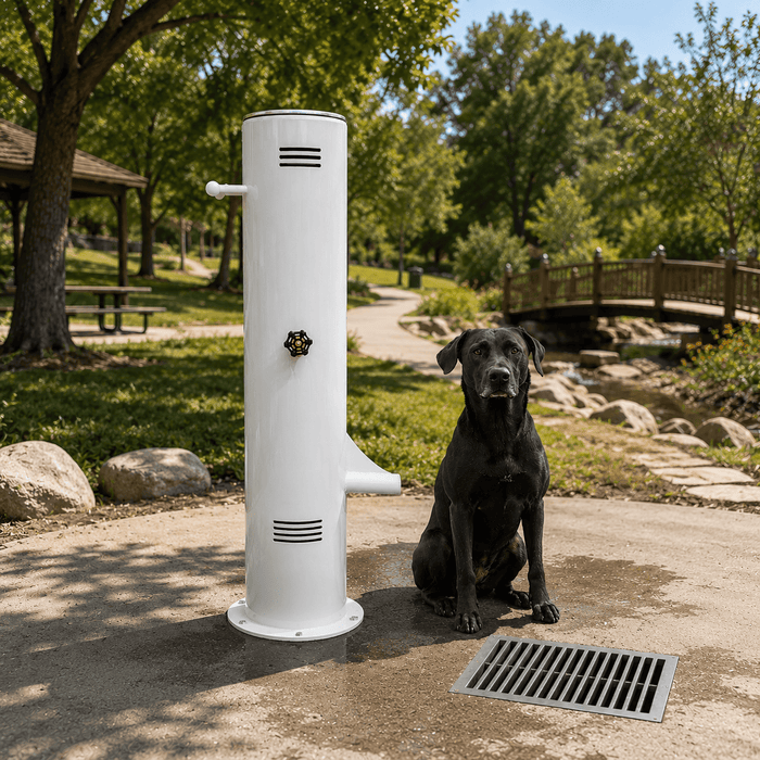 Cool Dog Push Button Pet Park Fountain with Hose Bib – ADA Friendly Dog Drinking Station