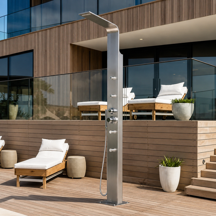 No Worries Showers Brighton Silver 316L Stainless Steel Marine Grade Outdoor Massage Shower - The Fountain Direct