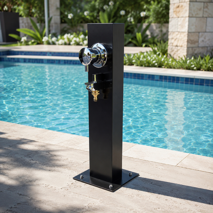 NW Showers Black Outdoor Foot Wash Station with a Garden Hose Connection & Hot & Cold Mixer - The Fountain Direct