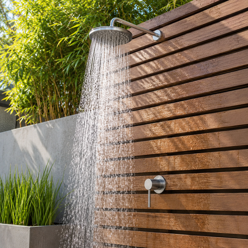NW Showers Alpha 316L Marine Grade Stainless Steel Wall-Mounted Outdoor Shower with Rainfall Head and Hot & Cold Mixer - The Fountain Direct