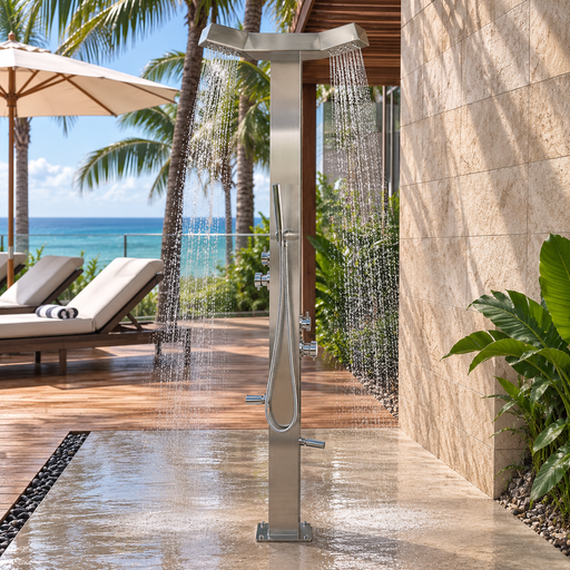 NW Showers Bondi Double Head Stainless Steel Outdoor Double Rainfall Shower with Foot Wash & Handheld Wand - The Fountain Direct