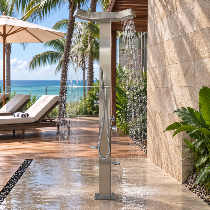 NW Showers Bondi Double Head Stainless Steel Outdoor Double Rainfall Shower with Foot Wash & Handheld Wand - The Fountain Direct