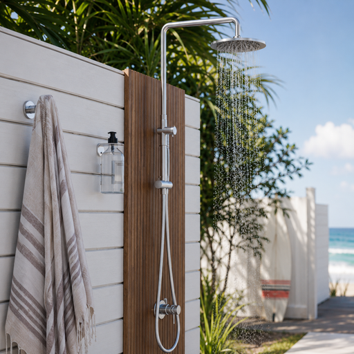 NW Showers Delta 316L Marine Grade Stainless Steel Wall-Mounted Outdoor Shower with Hand Shower and Mixer - The Fountain Direct