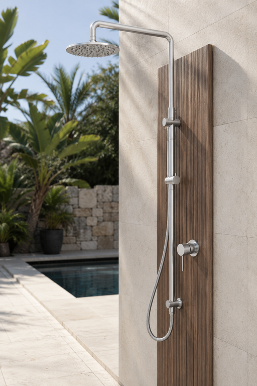 NW Showers Delta 316L Marine Grade Stainless Steel Wall-Mounted Outdoor Shower with Hand Shower and Mixer - The Fountain Direct