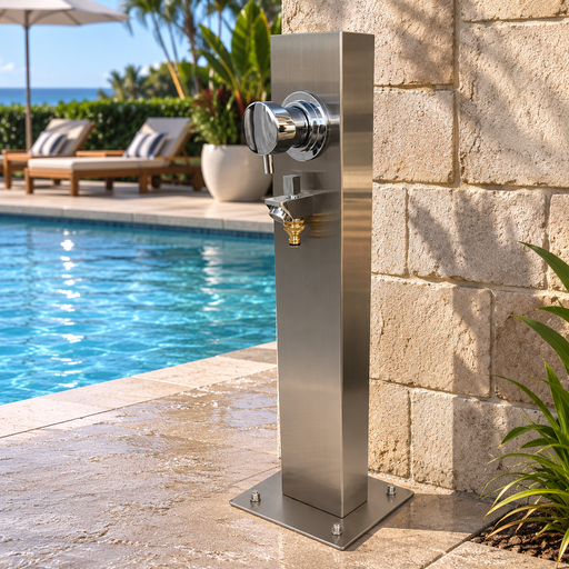 NW Showers Silver Stainless Steel Outdoor Foot Wash Station with Hot & Cold Mixer - The Fountain Direct
