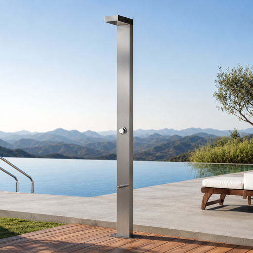 Magnus Poolside Outdoor Shower with Foot Shower – Premium 316 Stainless Steel Freestanding Tower - The Fountain Direct