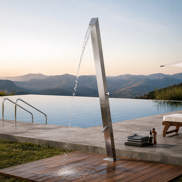 Magnus Freestanding Outdoor Shower Tower with Foot Rinse in brushed stainless steel