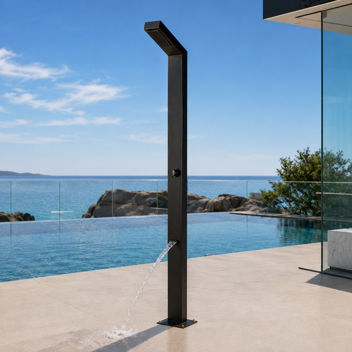 Magnus Black Freestanding Stainless Steel Outdoor Shower Panel with Foot Shower – Brushed Finish