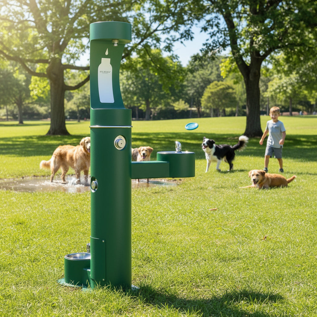 Elkay LK4420BF1UDBEVG ezH2O® Bi-Level Pedestal Bottle Filling Station with Pet Fountain - The Fountain Direct 