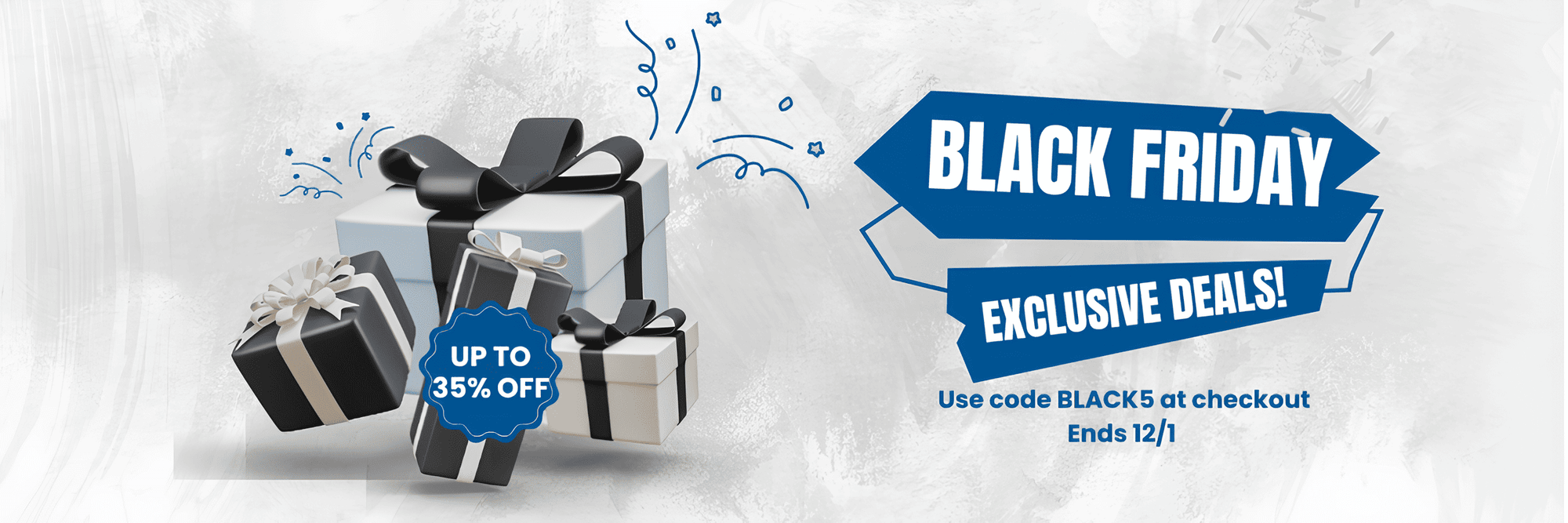 Black Friday promotional banner with gift boxes and discount text on a light gray background