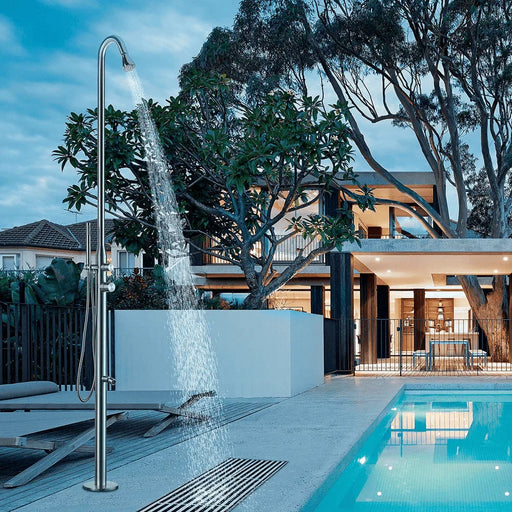 Magnus Stainless Steel Freestanding Pool Shower with Hand and Foot Shower – Brushed Finish - The Fountain Direct 