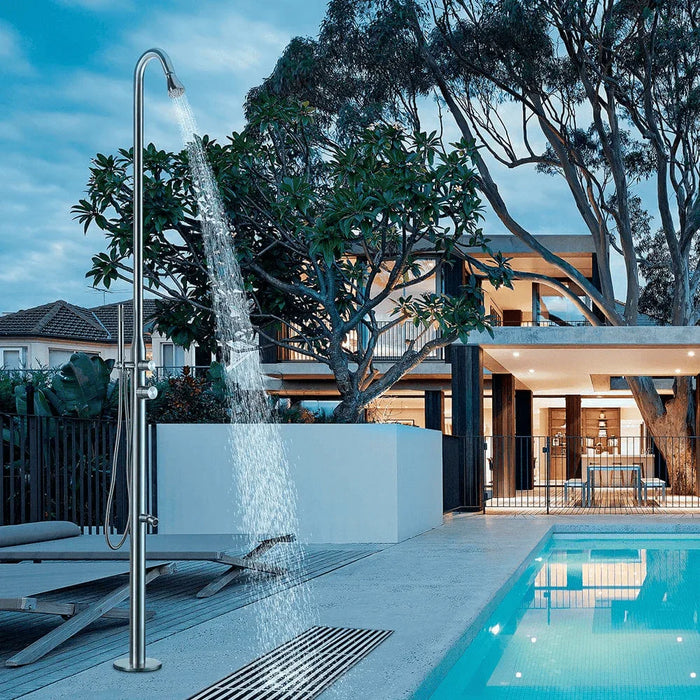Magnus Stainless Steel Freestanding Pool Shower with Hand and Foot Shower – Brushed Finish - The Fountain Direct 
