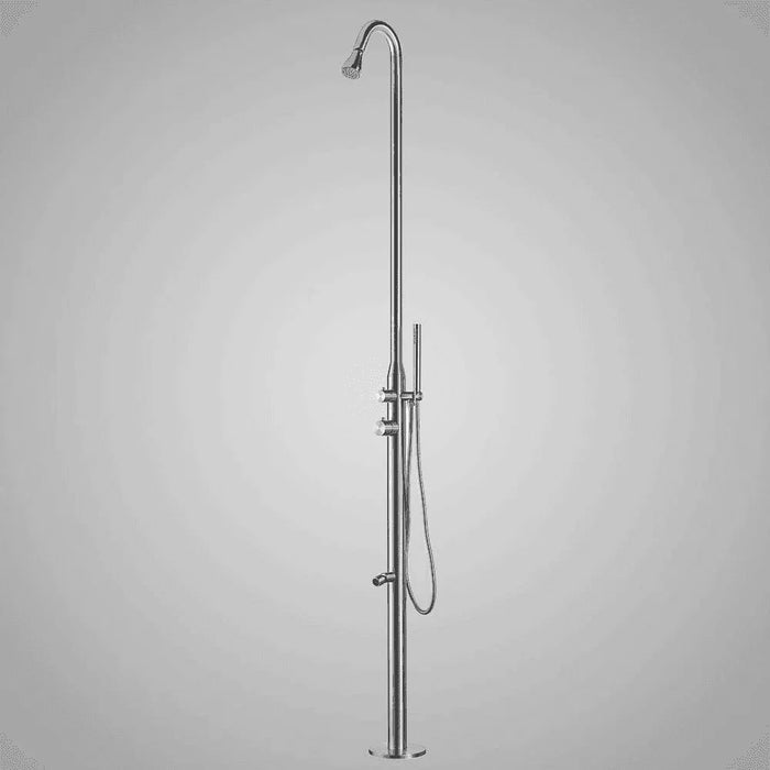 Magnus Stainless Steel Freestanding Pool Shower with Hand and Foot Shower – Brushed Finish - The Fountain Direct 