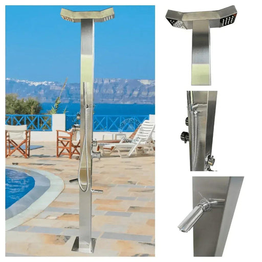 NW Showers Bondi Double Head Stainless Steel Outdoor Double Rainfall Shower with Foot Wash & Handheld Wand - The Fountain Direct