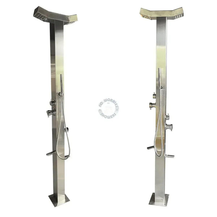 NW Showers Bondi Double Head Stainless Steel Outdoor Double Rainfall Shower with Foot Wash & Handheld Wand - The Fountain Direct