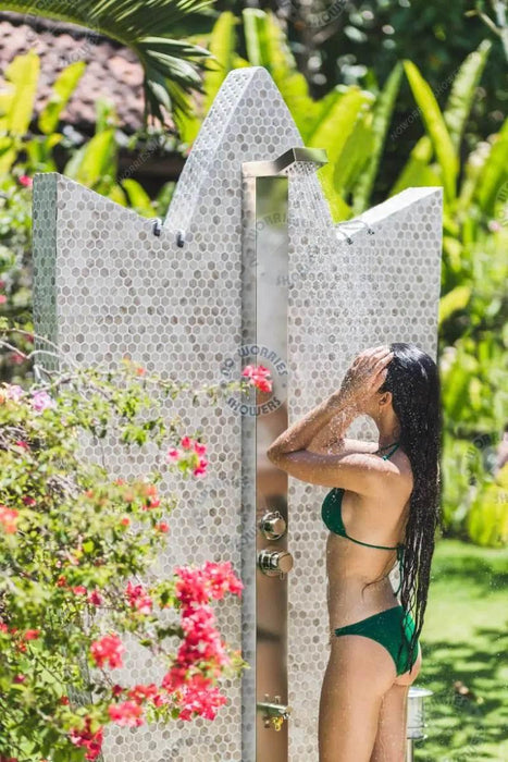 Bondi Silver 316L Marine Grade Stainless Steel Rainfall Shower Tower with Foot Wash - The Fountain Direct 