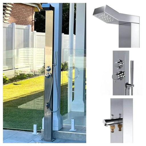 Bondi Silver ADA 316L Stainless Steel Outdoor Pool Shower – Hot & Cold & Foot Wash - The Fountain Direct 