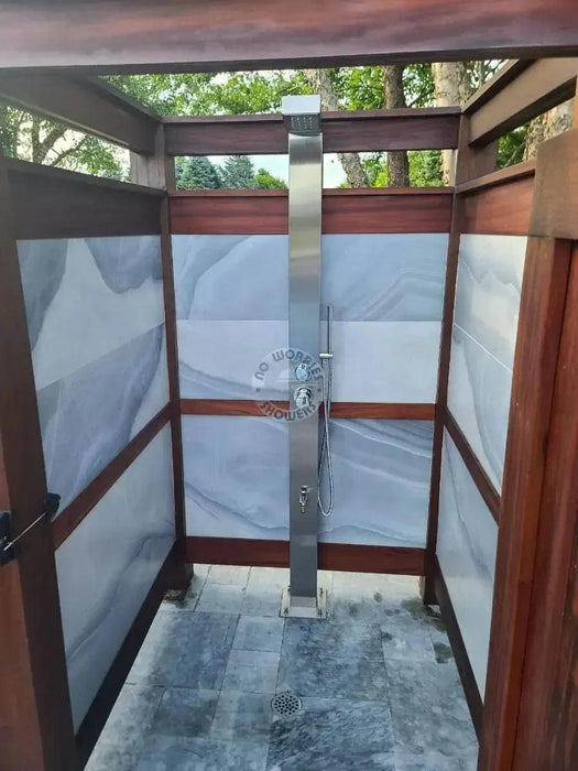 NW Showers Bondi Silver ADA 316L Stainless Steel Outdoor Pool Shower – Hot & Cold & Foot Wash - The Fountain Direct