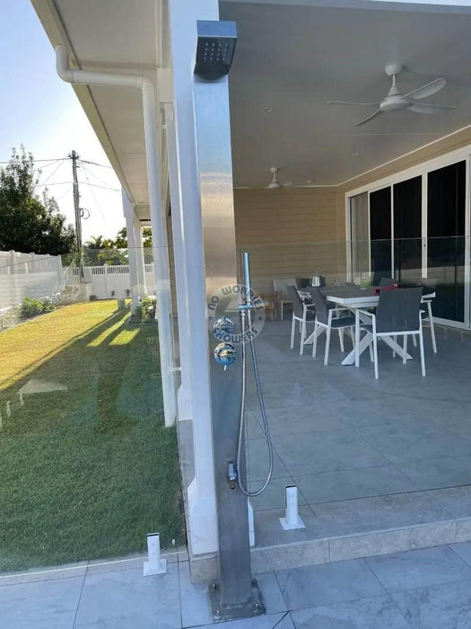 NW Showers Bondi Silver ADA 316L Stainless Steel Outdoor Pool Shower – Hot & Cold & Foot Wash - The Fountain Direct