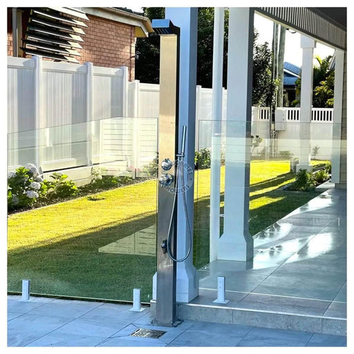 Bondi Silver ADA 316L Stainless Steel Outdoor Pool Shower – Hot & Cold & Foot Wash - The Fountain Direct 