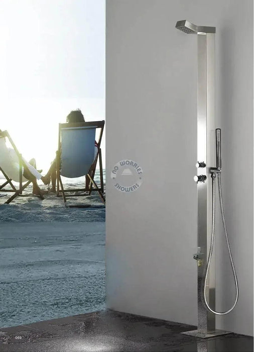 NW Showers Bondi Silver ADA 316L Stainless Steel Outdoor Pool Shower – Hot & Cold & Foot Wash - The Fountain Direct