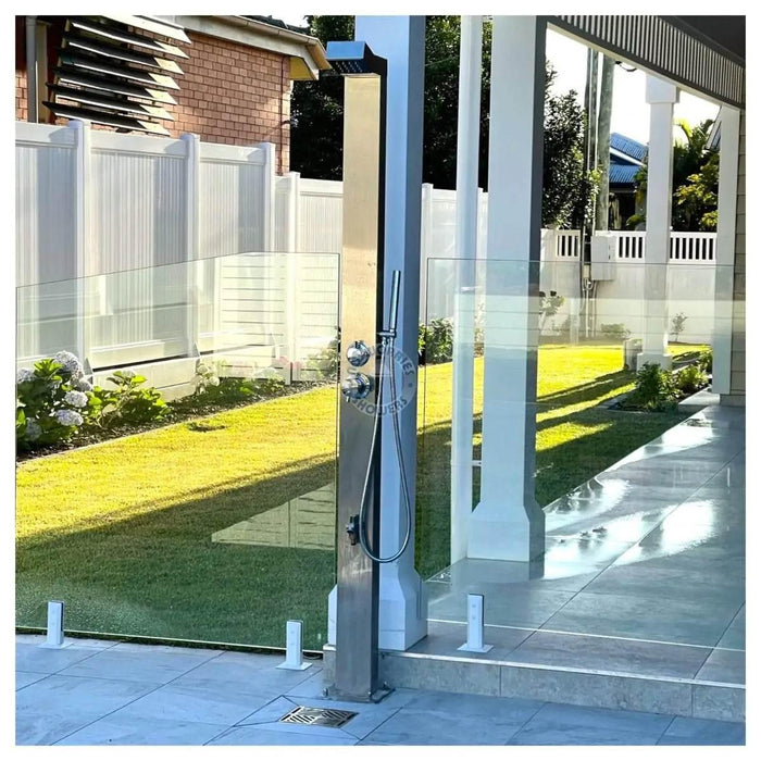 Bondi Silver ADA 316L Stainless Steel Outdoor Pool Shower – Hot & Cold & Foot Wash - The Fountain Direct 