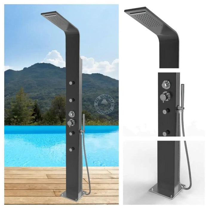 No Worries Showers Brighton Black 316L Stainless Steel Marine Grade Pool Beach Rinse-Off Shower - The Fountain Direct